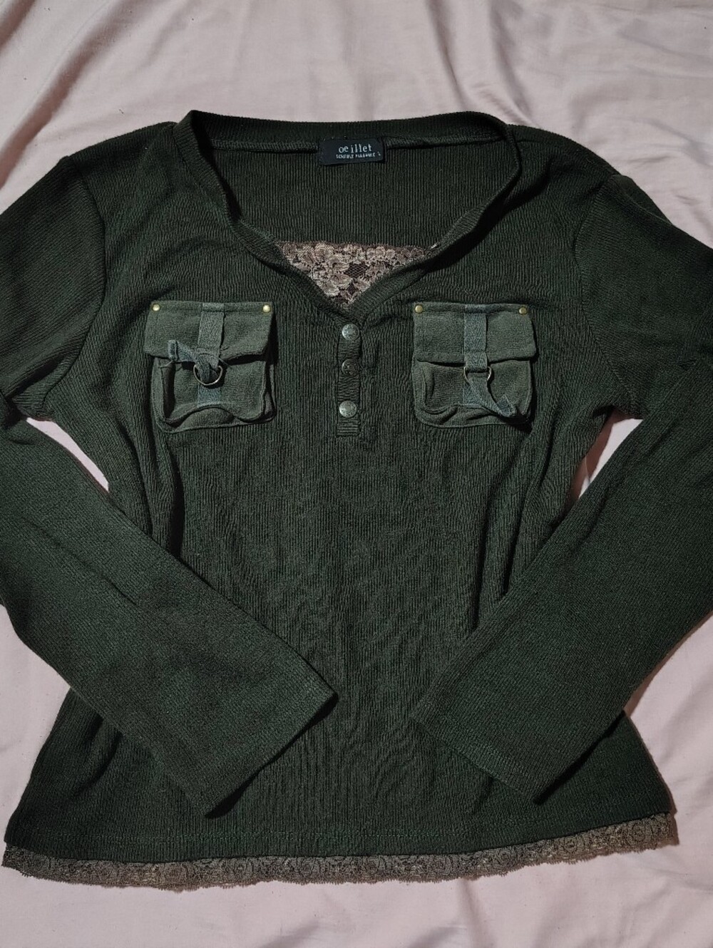 Dark Green Long-Sleeve Knit Top with Pocket Details by Oeillet